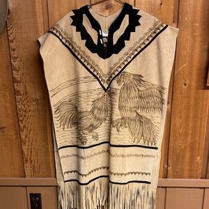 Vintage Gomez suede Fringed Tan Poncho with Rooster Graphics